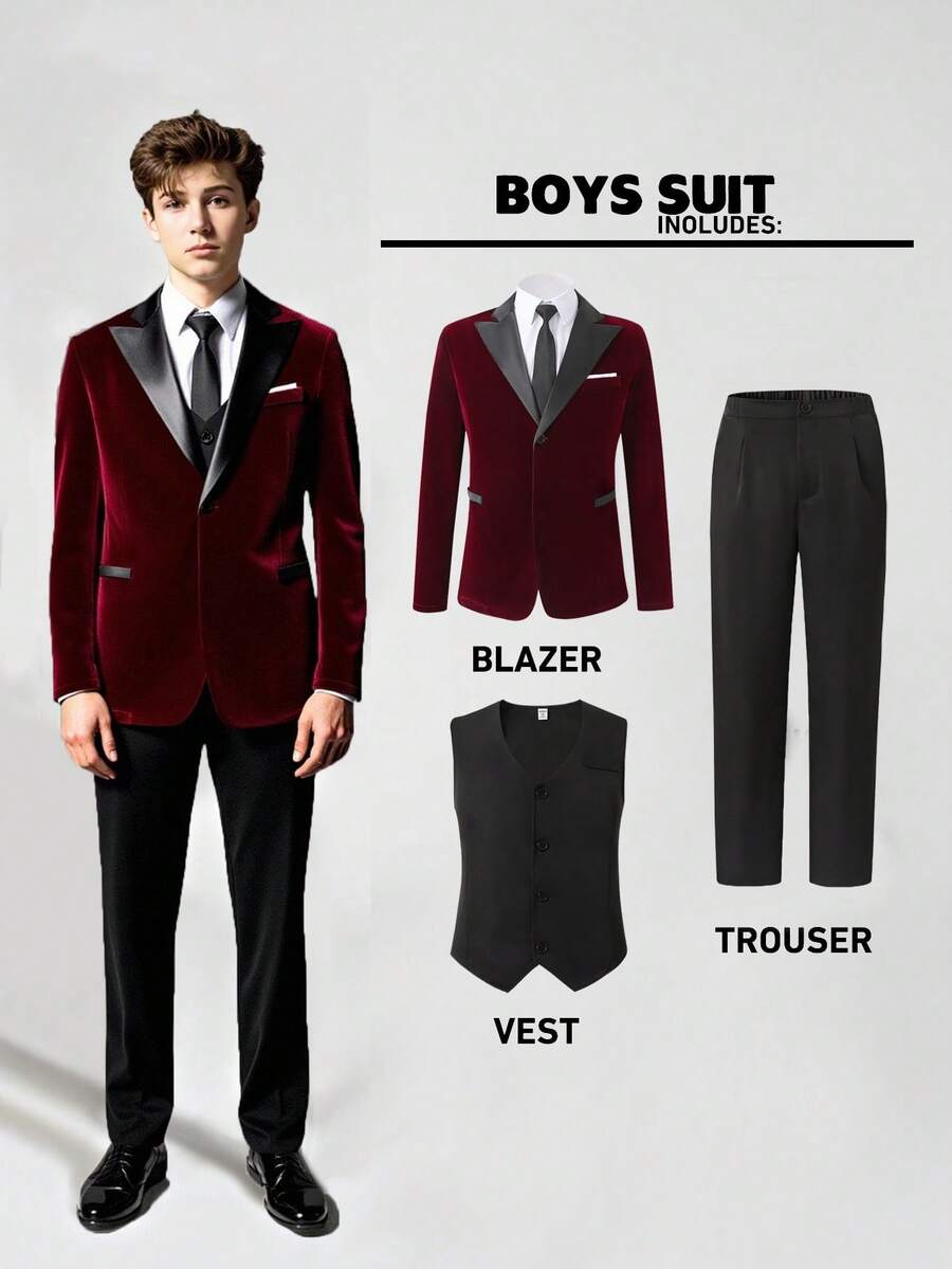 SHEIN 3 件青少年男孩绅士西装套装：酒红色天鹅绒领修身单排扣西装外套 + 黑色修身背心 + 黑色西裤。优雅休闲的户外正式服装，适合生日派对、晚会、表演、主持、婚礼季节（生日、婚礼、婚礼嘉宾、花童、戒童） - 彩色 - 查看 1