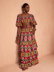 JIAN LASALA All-Over Print Square Neck Lantern Sleeves Women Crop Top Holiday Vacation Casual Wear Beach Wedding Guest - Multicolor - View 6