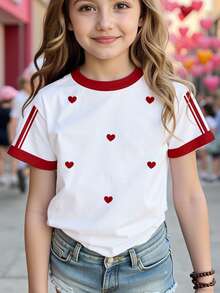 Tween Girl Cute White And Red Heart Striped Graphic Print T-Shirt,Summer School Casual Personalized Fresh Short Sleeve Contrast Color Comfortable Top - Multicolor - View 2
