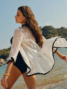 Swim Chiccia Áo khoác ngoài kiểu kimono cổ chữ V khoét sâu dành cho nữ, thích hợp đi biển, mùa xuân/hè. - trắng - Xem 6