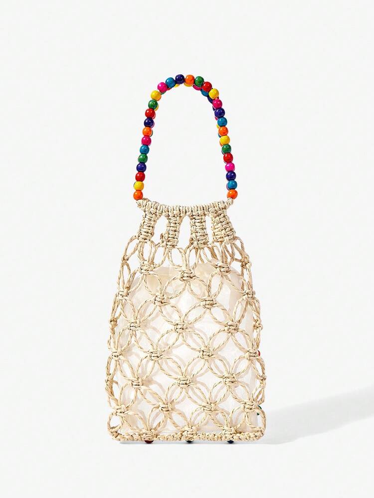 MISSGUIDED Macrame Top Handle Bag With Colorful Wooden Beads