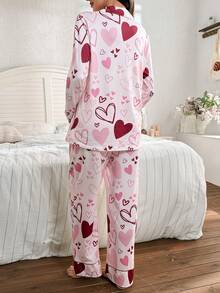 SHEIN Heart Print Lapel Long Sleeve & Pants Maternity Pajama Set, Suitable For Valentine's Day, Party - Pink - View 2