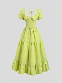 Sweetra 法式优雅公主裙，泡泡袖喇叭裙摆设计，收腰剪裁，时尚温柔的女士连衣裙，春夏款 - 綠色 - 查看 1