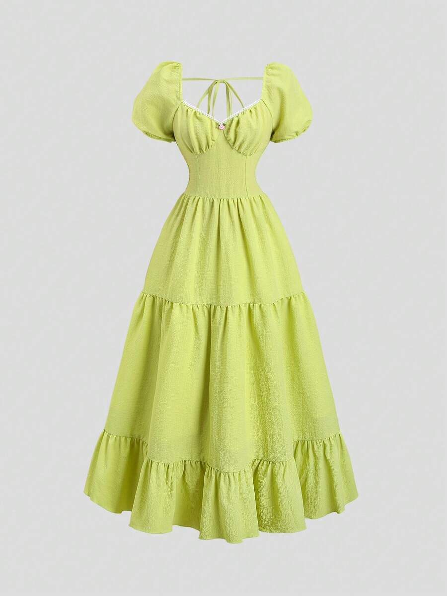 Sweetra 法式优雅公主裙，泡泡袖喇叭裙摆设计，收腰剪裁，时尚温柔的女士连衣裙，春夏款 - 綠色 - 查看 1
