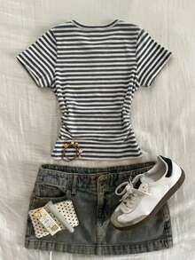 INAWLY Women's Waist Cinched Striped T-Shirt, Casual Striped, Versatile For Commute, Fashionable For Summer - Multicolor - View 2