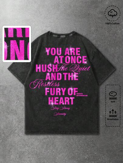 ROMWE MEN Men's Slogan Luminous Print Round Neck Casual Short Sleeve T-Shirt