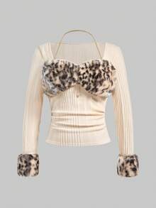 ROMWE J-Fashion Áo crop top ôm sát in họa tiết da báo Harajuku Y2K cỡ lớn dành cho nữ - Cà phê nâu - Xem 1