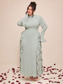 SHEIN BAE 大码纯色简约日常荷叶边长袖连衣裙 - 綠色 - 查看 6