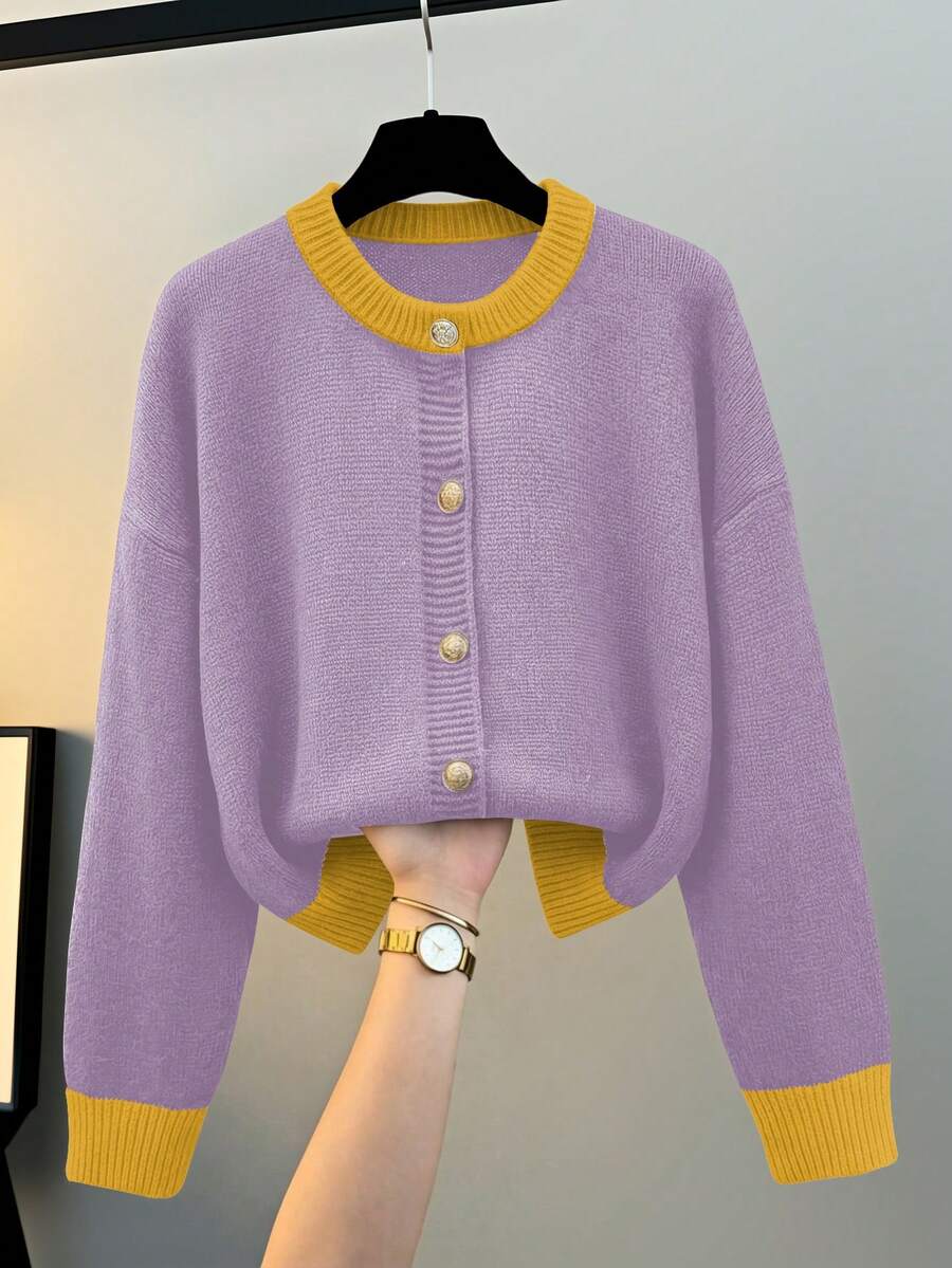 Lyxana 女士撞色设计休闲时尚针织毛衣，冬季 - 紫色 - 查看 1