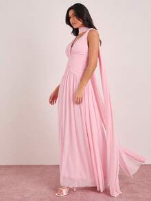 Enchnt Spring/Summer Romantic Women's Pink Pleated Sleeveless Maxi Dress With Neck Ribbon, Sweet&Elegant For Party&Prom&Vacation&Date&Holiday&Going Out&Valentine's Day,Spring Outfit Women - Baby Pink - View 1