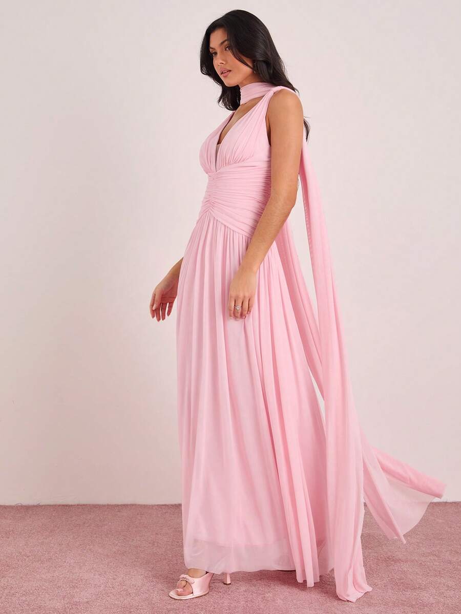 Enchnt Spring/Summer Romantic Women's Pink Pleated Sleeveless Maxi Dress With Neck Ribbon, Sweet&Elegant For Party&Prom&Vacation&Date&Holiday&Going Out&Valentine's Day,Spring Outfit Women - Baby Pink - View 1
