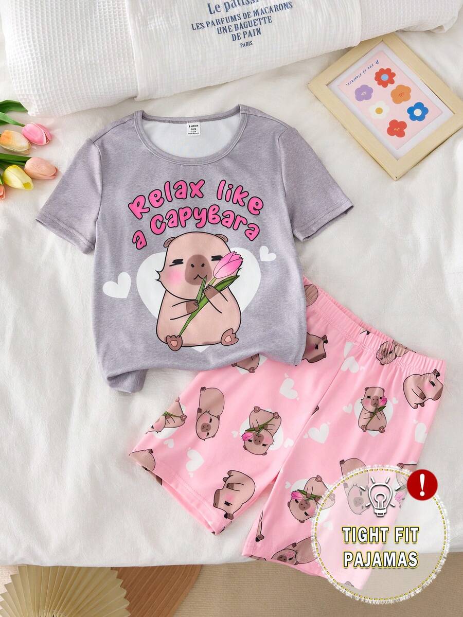 2 件套青少年女孩简约时尚可爱水豚印花和粉色水豚印花紧身家居服套装 - 灰色 - 查看 1