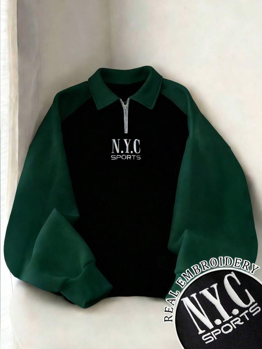 Franclia Women's Polo Collar Half Zip Raglan Sleeve Fleece Sweatshirt, Autumn/Winter - Green - View 1