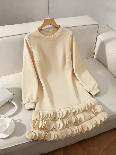 Franclia Plus Size Women's New Autumn/Winter Long Sleeve Sweatshirt Dress, Loose Fit Elegant Patchwork Ruffle Hem Round Neck Sweater Dress Women Long Sleeve Cream Dress Dresses For Women Long Sleeve Momo Dress Cream Dress Women Long Sleeve Dress