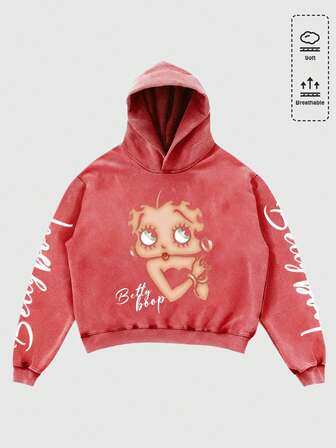 Betty Boop | ROMWE Men's Cartoon Figure And Letter Graphic Washed Loose Cropped Fit Hoodie
