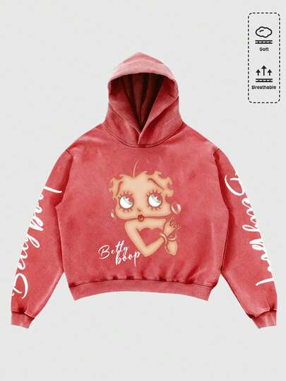 Betty Boop | ROMWE Felpa con cappuccio oversize lavata con grafica di figure e lettere cartoni animati per uomo