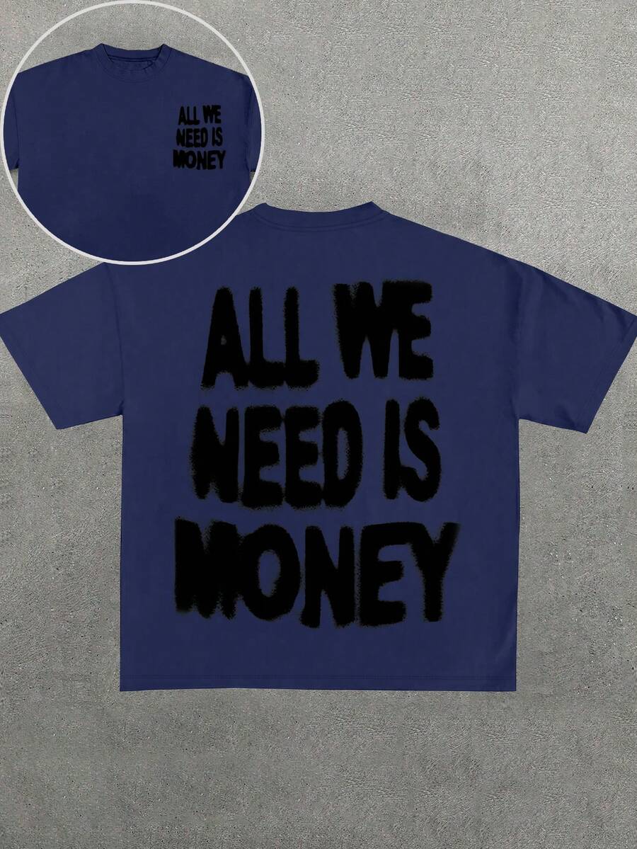 Manfinity Dauomo Áo thun nam tay ngắn in khẩu hiệu thường ngày, mùa hè - Màu xanh hải quân - Xem 1