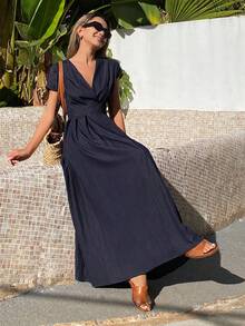 Livesso Women's V-Neck Waist Cinched Mid-Length Dress, Short Sleeve Vacation