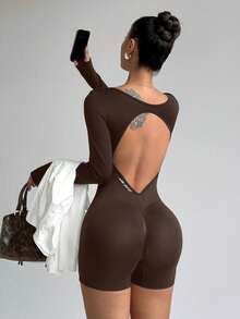 Slayform Bộ jumpsuit thể thao thời trang nữ, thiết kế chéo, hở lưng, ôm sát cơ thể, trang phục sân bay, bộ jumpsuit ôm sát toàn thân, trang phục tập gym cho nữ. - Cà phê nâu - Xem 3