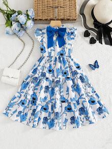 SHEIN LMoss Kids 女童雪纺碎花蝴蝶结圆领荷叶边下摆休闲连衣裙 - 彩色 - 查看 5
