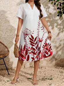EMERY ROSE Plus Size Women Eyelet Embroidery Patchwork Floral Print Summer Dress - Red - View 4