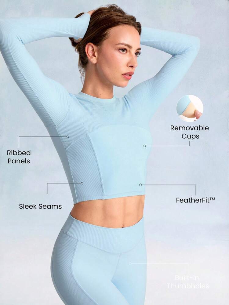 FeatherFit™ Soft Stretchy Ribbed Seam-Dividing Design Long-Sleeve Tee Top Low Impact Yoga Pilates Studio Daily Casual Wear Removable Cups  Spring Summer