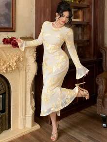 DAZY Elegant Floral Print Round Neck Flare Sleeve Slit Dress For Women, Spring/Summer Maxi Dress - Apricot - View 3