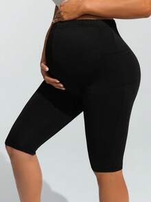 SHEIN Maternity Solid Color Casual Pocket Leggings, Comfortable & Stretchy,Word Cup - Black - View 3