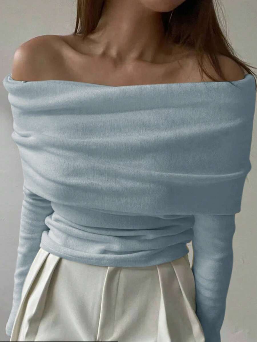 DAZY Women's Off-Shoulder Fitted T-Shirt, Autumn/Winter New Arrival - Blue - View 1