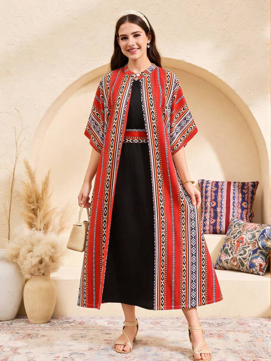 SHEIN Setelan Abaya 2 Potong untuk Remaja Perempuan, Hitam dan Putih, Musim Panas, Kasual, Serasi untuk Keluarga - Hitam - View 1