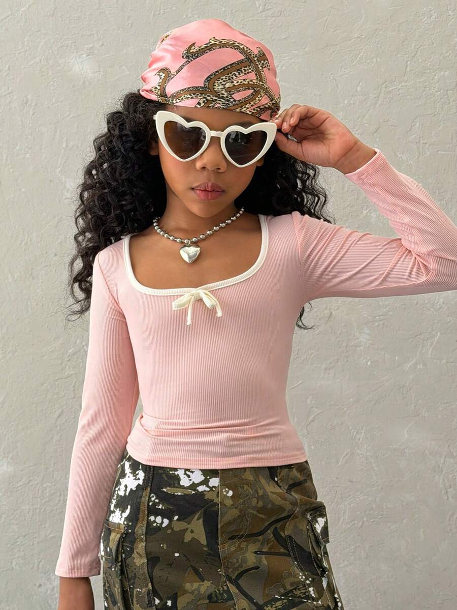 Coolane Kids T-shirt slim style ballet avec nœud, mode simple et décontractée pour tous les jours, vêtements d'automne pour jeunes filles