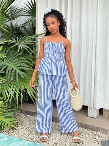 Girls Striped Bow Camisole Top And Straight Leg Pants Summer Vacation Outfit - Blue - View 4