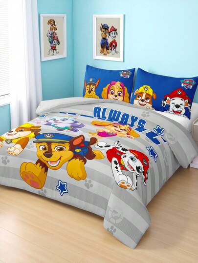 SHEIN | PAW Patrol 三件套印花被套，采用磨毛面料，柔软保暖，灰色条纹被套。提供多种尺寸，适合单人床/双人床/加大双人床/特大双人床。