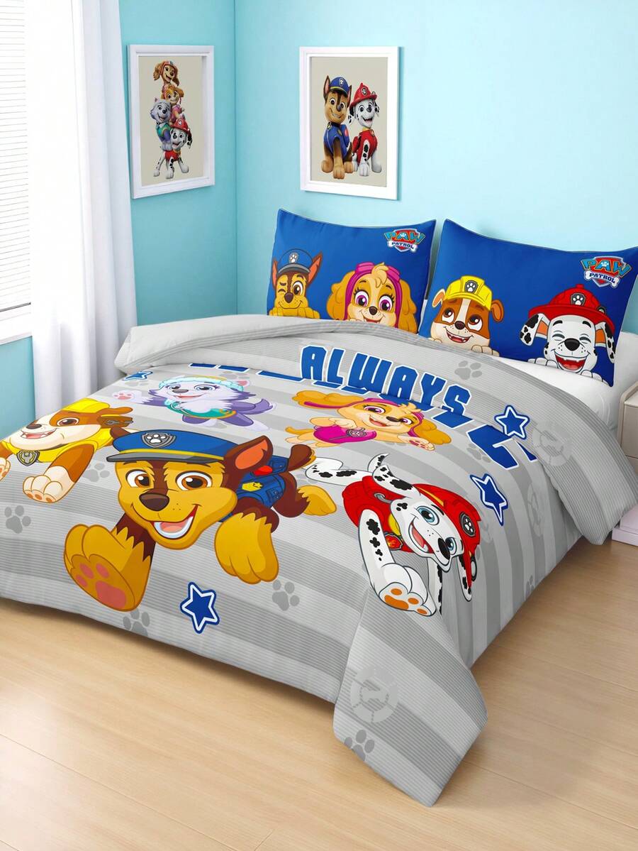 SHEIN | PAW Patrol 三件套印花被套，采用磨毛面料，柔软保暖，灰色条纹被套。提供多种尺寸，适合单人床/双人床/加大双人床/特大双人床。