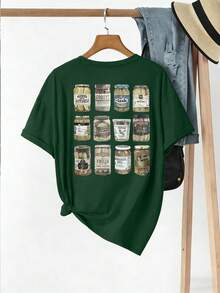 EMERY ROSE Camiseta de mujer con cuello redondo y estampado de letras enlatadas - Verde militar - Ver 2