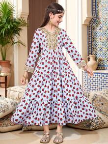 SHEIN Tween Girl Light Blue Floral Autumn Elegant Tea Party Maxi Dress, Woven Ditsy V-Neck Gold Embroidered Ribbon Ruffle Hem 3/4 Sleeve Cinched Waist Boho Gown - Baby Blue - View 9