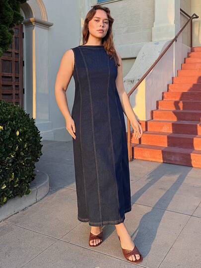 Nezia Cruz 大码女式休闲无袖牛仔束腰中长连衣裙，夏季