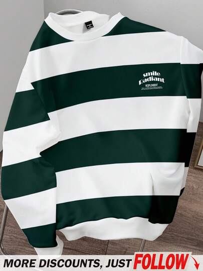 Manfinity Joysei Casual Regular Fit Men's Sweatshirt In Classic Green And White Stripes For Everyday Comfort, Long Sleeve , Fall