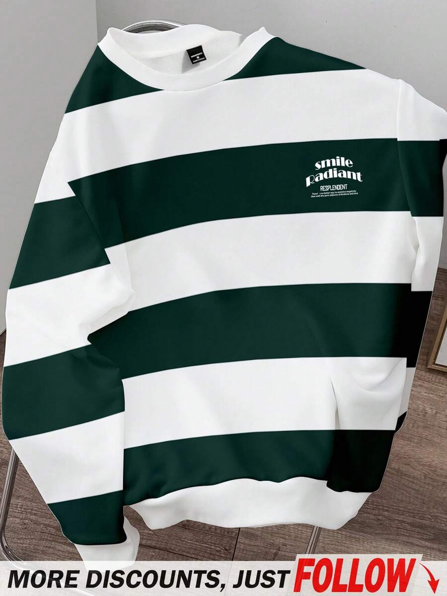 Manfinity Joysei Casual Regular Fit Men's Sweatshirt In Classic Green And White Stripes For Everyday Comfort, Long Sleeve , Fall - Green - View 1