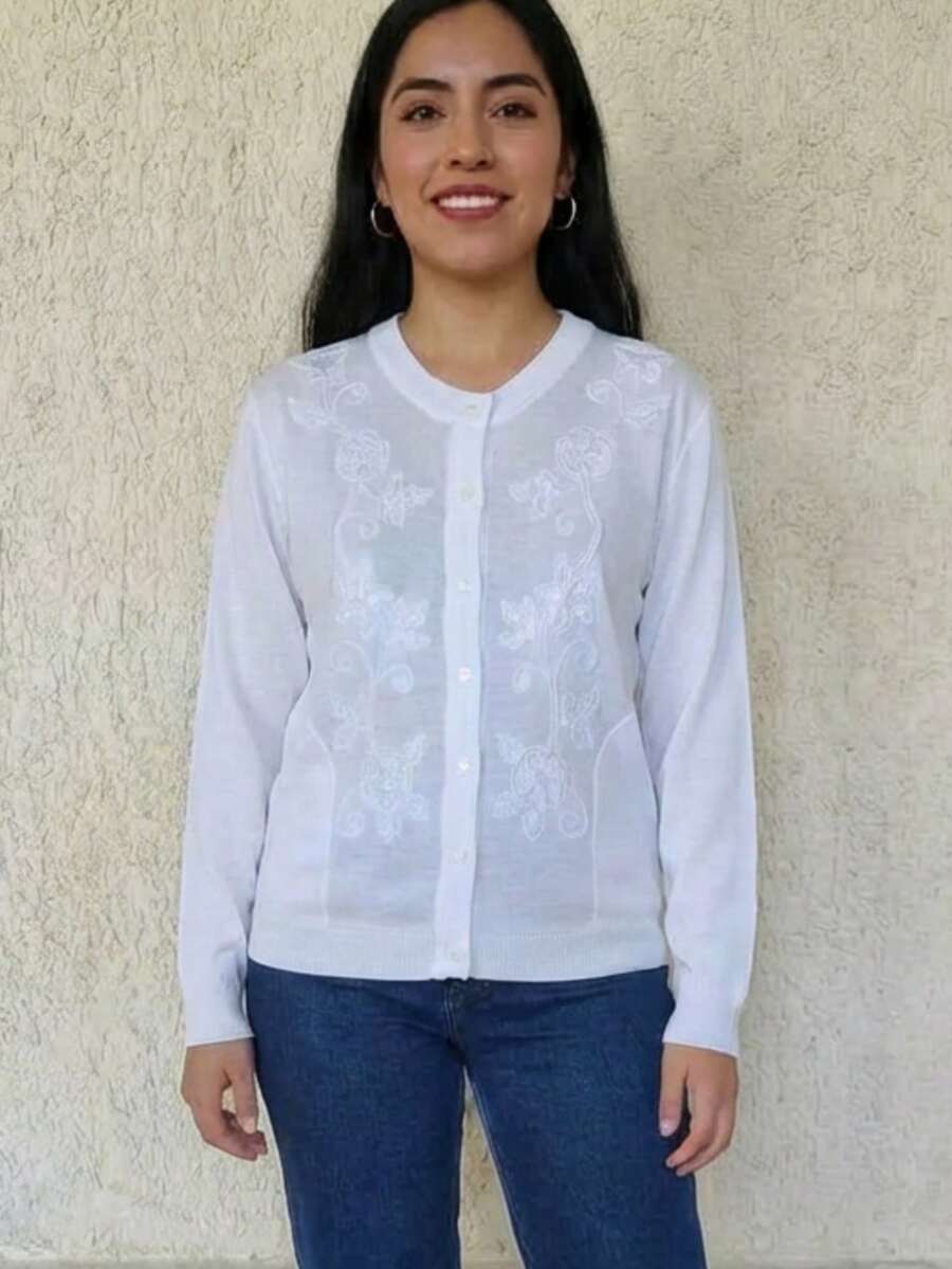 Women's Soft Sweater With Colorful Flower Embroidery - White - View 1