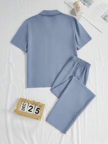 Men's Casual Button-Front Short Sleeve Top And Elastic Waist Pants 2 Pieces Loungewear Set - Blue - View 2