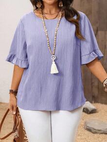 Rosumi Plus Size Short Sleeves Simple Fashion Casual Everyday Vacation Spring Summer Blouse,Western Wear,Spring/Summer Blouses For Women Plus Solid Color Tops Blouse With Ruffle Sleeves Vacation - Purple - View 6