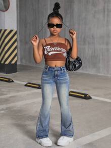 SHEIN Tween Girls Y2K 时尚复古水洗高腰猫须水洗喇叭腿牛仔裤，Tween Girls 秋装返校街头装 - 淺色水洗藍 - 查看 4