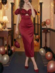 SHEIN MOD Váy cocktail bodycon lệch vai màu đỏ thanh lịch dành cho nữ - Đỏ - Xem 2