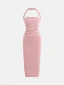 SHEIN Tween Girl Casual Elegant Commute Minimalist Solid Ruched Halter Neck Backless Long Snug Fit Dress, Pink Midi Dress For Girls, Girls Halter Dress, Tween Midi Dress, Girls Midi Dress, Dusty Rose Dress Kids - Dusty Pink - View 5