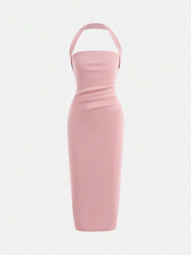 SHEIN Đầm dài ôm sát, thanh lịch, tối giản, màu trơn, xếp ly, cổ yếm, hở lưng, thích hợp cho bé gái tuổi teen, đi làm. - Bụi hồng - Xem 5