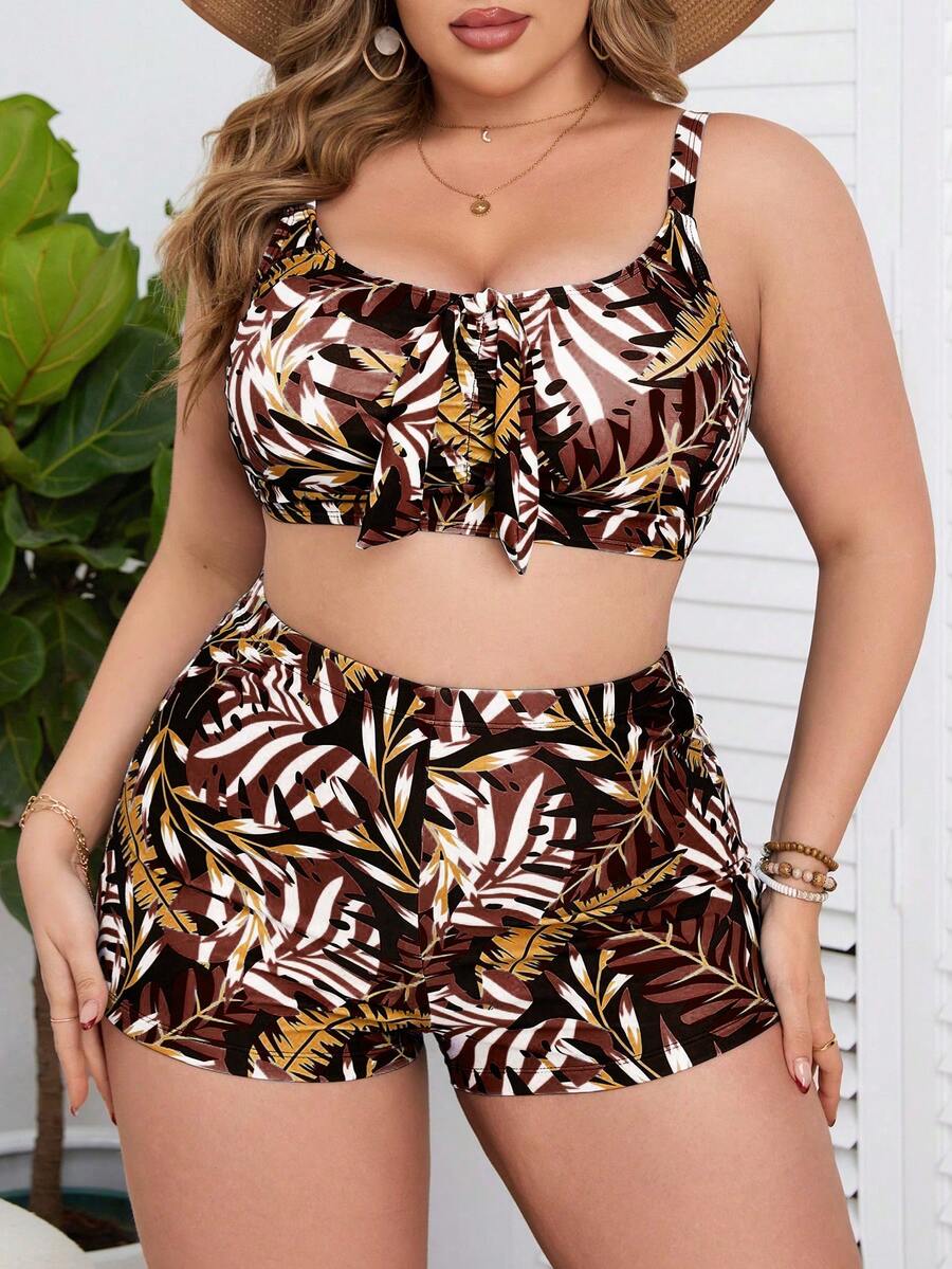 Swim Lushoire Bộ bikini thời trang mùa hè dành cho nữ cỡ lớn, in họa tiết cây nhiệt đới, thắt nút phía trước. - Nhiều màu - Xem 1