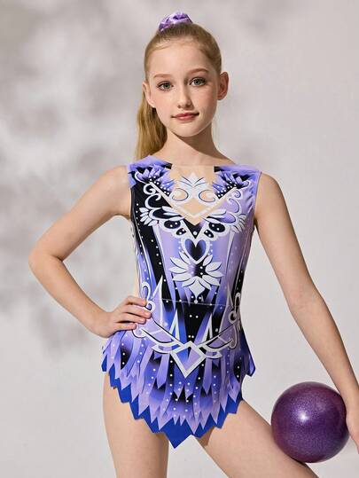 Tween Girls Printed Stretchy Sleeveless Leotard Bodysuit, Versatile For Gymnastics, Figure Skating, Sports Training, School Competition, Daily Wear. Vibrant Prints, Comfortable Athletic Fit