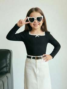 Firerie Kids Firerie Kids 女童纯色荷叶边领蝴蝶结修身长袖短款休闲优雅T恤，黑色，甜美酷炫女孩款，个性化甜美，校园风，返校季儿童黑色上衣，女童黑色上衣，秋冬款 - 黑色 - 查看 2