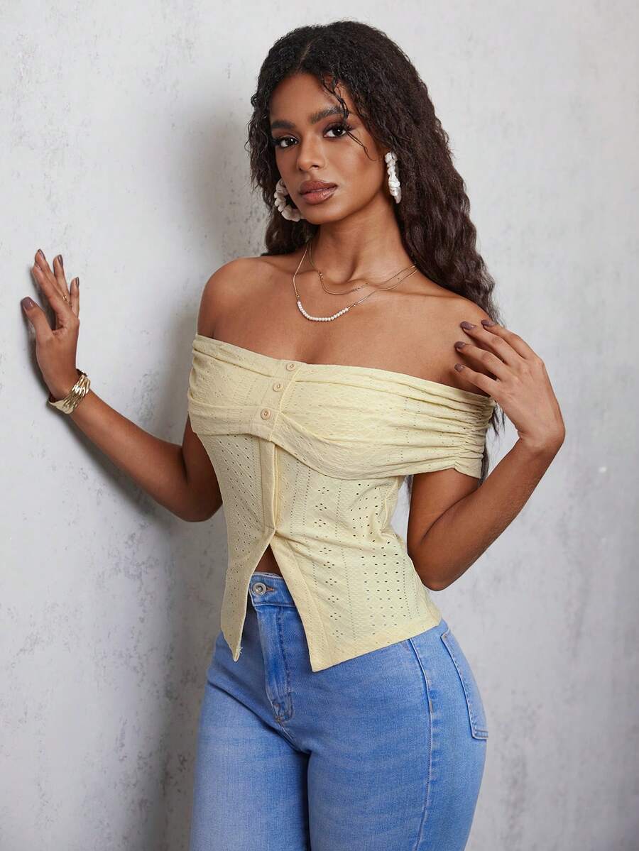 Eryvara Women's Slim Fit Jacquard Off-Shoulder Split Short Sleeve T-Shirt - Light Yellow - View 1